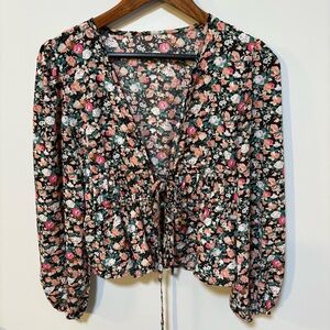 Floral Whimsical Soft Goth Layering Blouse Tie Front Medium